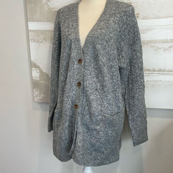 Minnie Rose Women's White Cable Knit Wool Blend Cardigan 2 pockets - Picture 1 of 4